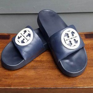 Tory Burch Blue and White Slide Sandals with Iconic Logo